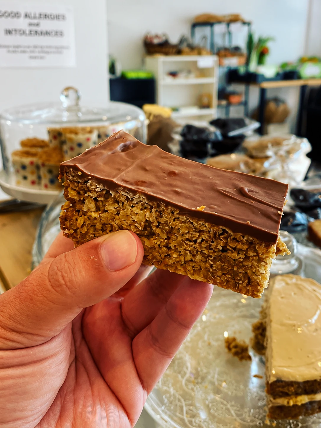 A chocolate-topped oat bar from Betty Bee's