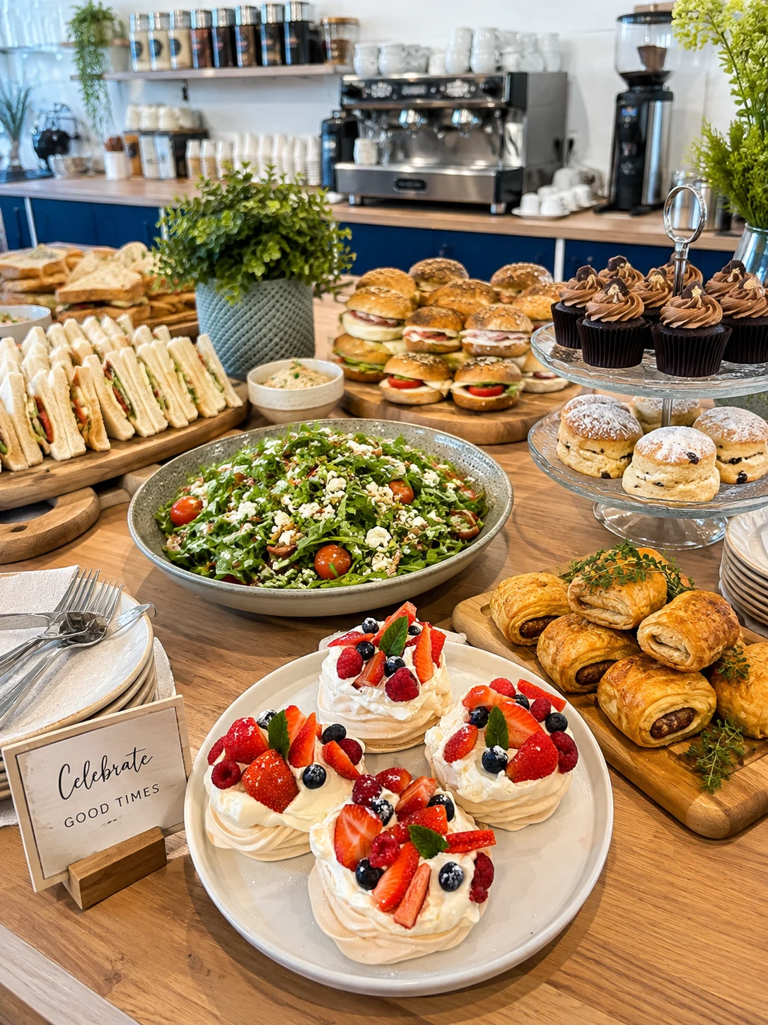 A buffet spread of sandwiches, pastries, salad and desserts at Betty Bee's