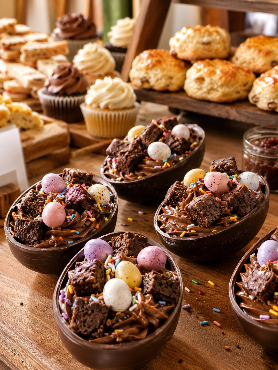 Chocolate desserts topped with brownie pieces and colourful sweets at Betty Bee's