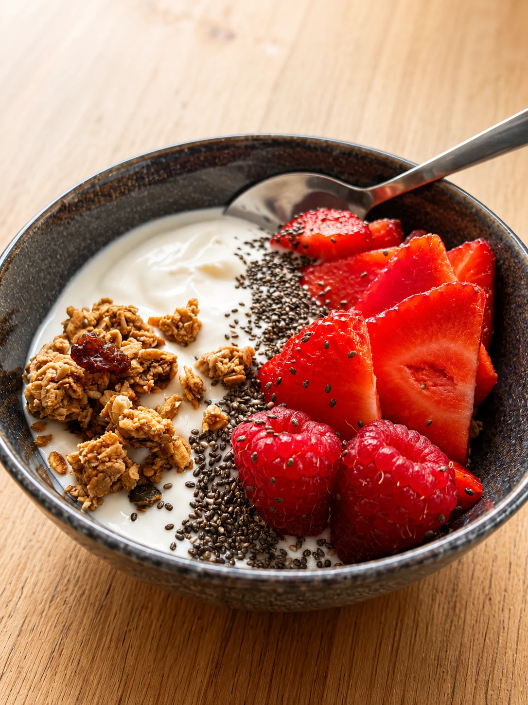 A breakfast bowl with yoghurt, granola and fresh berries at Betty Bee's